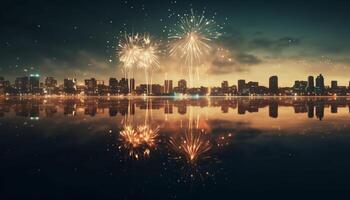 cidade Horizonte iluminado de vibrante fogo de artifício exibição gerado de ai foto