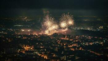 explosivo fogos de artifício iluminar cidade Horizonte em Novo ano gerado de ai foto