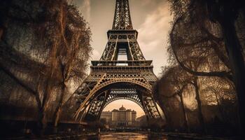 majestoso eiffel torre ilumina Paris às crepúsculo gerado de ai foto