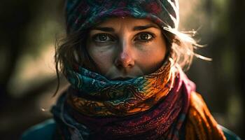 jovem mulher dentro lenço de cabeça sorridente ao ar livre dentro outono gerado de ai foto