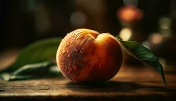 suculento maçã fatia em rústico de madeira mesa gerado de ai foto