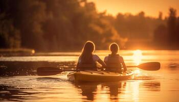 dois sorridente pessoas remar canoa às pôr do sol gerado de ai foto