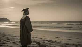jovem mulher em pé em litoral, segurando diploma gerado de ai foto