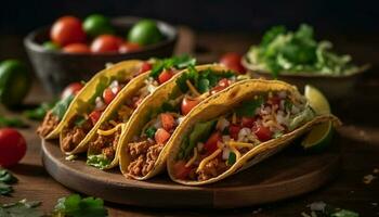 grelhado carne taco em pão sírio com guacamole gerado de ai foto