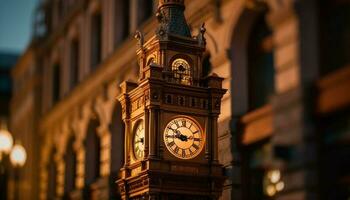 relógio torre ilumina famoso cidade Horizonte às crepúsculo gerado de ai foto