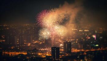 cidade Horizonte em chamas com vibrante fogo de artifício exibição gerado de ai foto