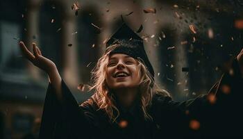 1 jovem mulher desfrutando outono chuva ao ar livre gerado de ai foto