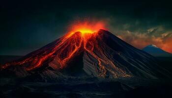 majestoso montanha alcance entra em erupção dentro deslumbrante pôr do sol gerado de ai foto