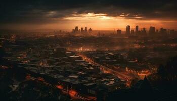 brilhando cidade Horizonte às crepúsculo, não pessoas gerado de ai foto