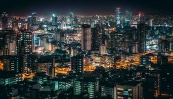 brilhando paisagem urbana às crepúsculo, financeiro distrito iluminado gerado de ai foto