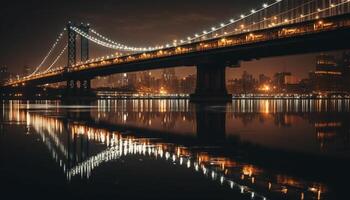 iluminado suspensão ponte reflete às crepúsculo gerado de ai foto