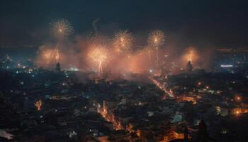 brilhando cidade Horizonte inflama celebração com fogos de artifício gerado de ai foto