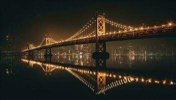 iluminado suspensão ponte reflete em beira-mar às crepúsculo gerado de ai foto