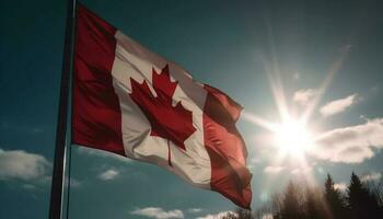 canadense bandeira acenando majestosamente dentro a brilhante céu gerado de ai foto