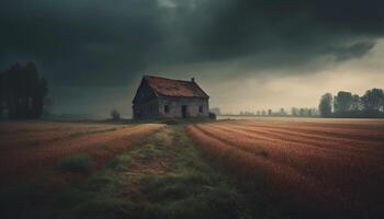 abandonado casa de fazenda dentro assustador Prado às crepúsculo gerado de ai foto