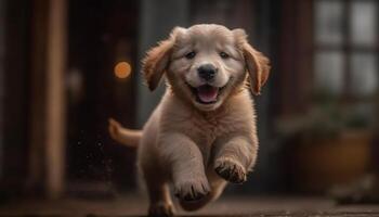 fofa cachorro sentado, olhando às Câmera dentro de casa gerado de ai foto