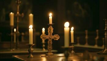 católico vela queimando dentro iluminado altar decoração gerado de ai foto