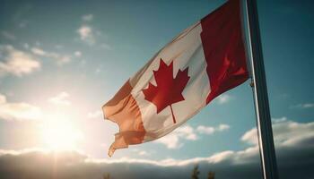 canadense bandeira acenando dentro a brilhante luz solar gerado de ai foto