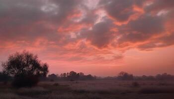 silhueta árvore costas aceso de laranja pôr do sol gerado de ai foto