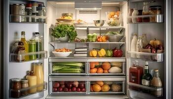 fresco frutas e legumes em moderno cozinha contador, saudável refeição preparação gerado de ai foto