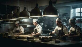 especialista chefs dentro comercial cozinha preparar refeições com trabalho em equipe e habilidade gerado de ai foto