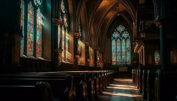 manchado vidro ilumina gótico capela antigo história gerado de ai foto