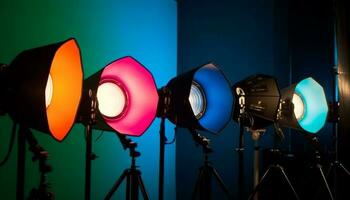 Holofote ilumina vibrante cores em etapa pano de fundo gerado de ai foto