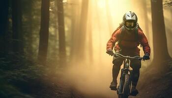 homens ciclismo através floresta, extremo Esportes aventura gerado de ai foto