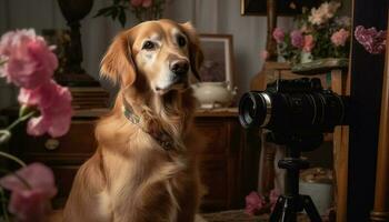 fofa cachorro sentado em mesa, olhando às Câmera gerado de ai foto