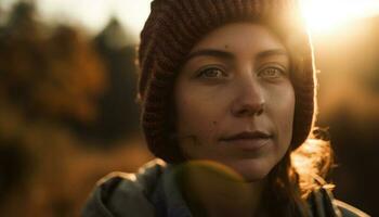 sorridente jovem mulher dentro outono floresta retrato gerado de ai foto