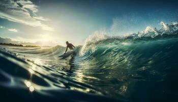 Sol beijou surfista passeios barril, abraçando natureza beleza gerado de ai foto