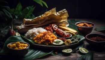 grelhado carne e legumes em rústico madeira mesa gerado de ai foto