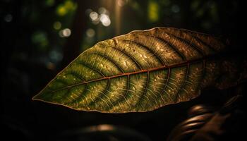 fresco verde folha com orvalho dentro luz solar gerado de ai foto