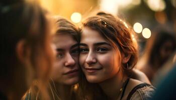 jovem mulheres abraço dentro natureza, desfrutando união gerado de ai foto