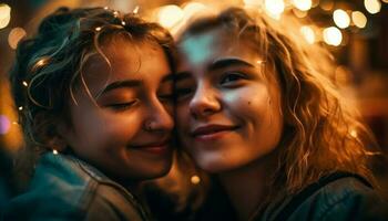 dois alegre meninas abraçando, desfrutando inverno noite gerado de ai foto