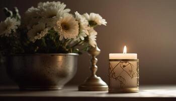 romântico luz de velas ilumina elegante floral arranjo dentro de casa gerado de ai foto