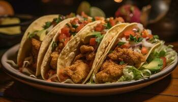 recentemente grelhado carne taco com guacamole e coentro gerado de ai foto