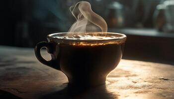 quente café em rústico mesa, perfeito relaxamento gerado de ai foto