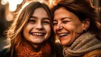 mãe e filha abraço dentro outono natureza gerado de ai foto