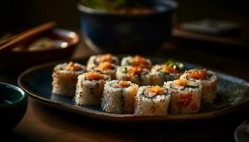 saudável comendo fresco frutos do mar, gourmet refeição, japonês cultura gerado de ai foto
