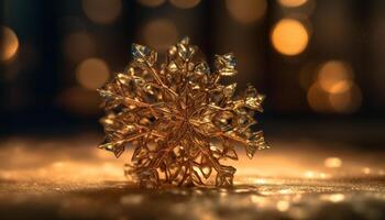 brilhante ouro Natal enfeite reflete floco de neve pano de fundo gerado de ai foto