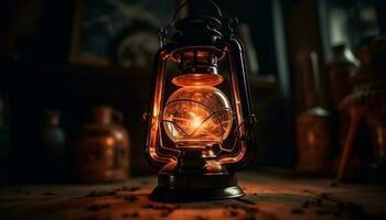 brilhando lanterna ilumina rústico velho formado mesa decoração gerado de ai foto