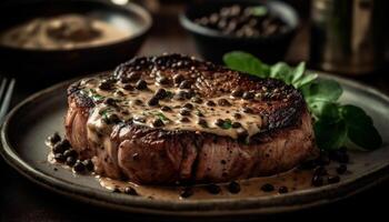 grelhado lombo bife com fresco vegetal prato gerado de ai foto