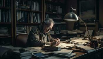 Senior homem, especialista artesão, lendo couro livro gerado de ai foto