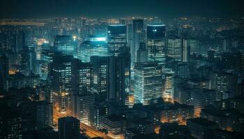 iluminado cidade Horizonte, moderno arquitetura, movimentado tráfego gerado de ai foto