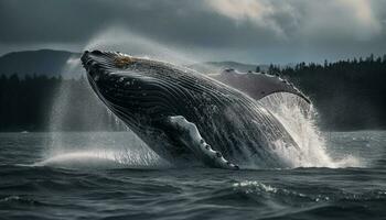 majestoso corcunda baleia violações, espirrando dentro azul mar ondas gerado de ai foto
