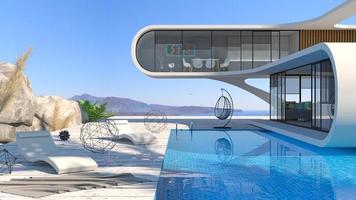 piscina em villa futurista e moderna à beira-mar