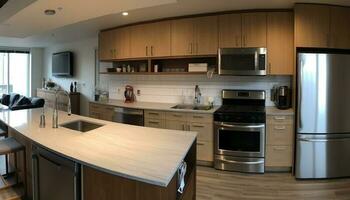 moderno luxo cozinha Projeto com madeira, aço, e mármore materiais gerado de ai foto