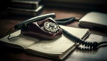 Antiguidade rotativo telefone em mesa, cercado de velho literatura livros gerado de ai foto