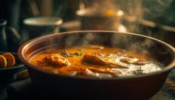 gourmet sopa cozinhou dentro louça com especiarias gerado de ai foto